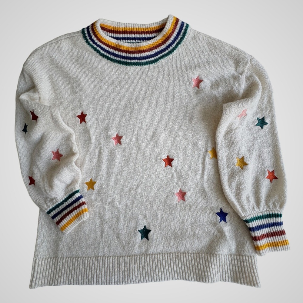 Maurices Womens Ivory Star Embroidered Rainbow Striped Trim Sweater Size M